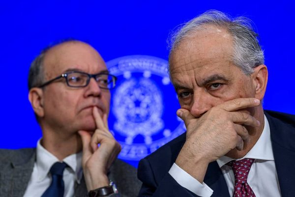 ROME, ITALY - MARCH 28: Italian Minister of Instruction Giuseppe Valditara and Italian Interior Minister Matteo Piantedosi attend a press conference after the Council of Ministers at Palazzo Chigi, on March 28, 2025 in Rome, Italy.  (Photo by Antonio Masiello/Getty Images)
