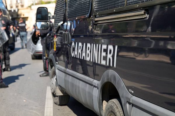 This image shows a close-up of an Italian Carabinieri riot control van. The photograph captures details of the armored vehicle used by Italy's national gendarmerie during public demonstrations and security operations in Bari, Italy, on September 22, 2025. (Photo by Matteo Della Torre/NurPhoto via Getty Images)