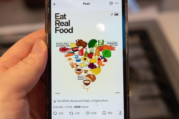Illustrative image, close-up of a person's hand holding an iPhone displaying a social media post from the US Department of Health and Human Services showing the revised Food Pyramid with caption Eat Real Food, above the stove in a domestic kitchen, Lafayette, California, January 7, 2026. (Photo by Smith Collection/Gado/Getty Images)