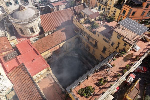 The drone flies over the Teatro Sannazaro in Naples, Italy, on February 17, which is hit by a large fire. (Photo by Paolo Manzo/NurPhoto via Getty Images)
