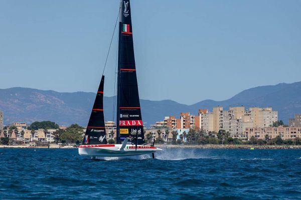 Luna Rossa 2 competes during the Official Sardinia Prelim Practice Racing in Cagliari, Italy, on May 21, 2026. The preliminary regatta in Sardinia is part of the 38th America's Cup and sponsored by Louis Vuitton, providing teams with the first opportunity to test their skills ahead of the event in Naples in 2027. The races occur in the Gulf of Cagliari, featuring fully equalized AC40 ''one-design'' yachts capable of reaching speeds exceeding 40 knots. (Photo by Mauro Ujetto/NurPhoto via Getty Images)