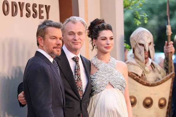 NEW YORK, NEW YORK - JULY 14: (L-R) Matt Damon, Christopher Nolan, and Anne Hathaway attend "The Odyssey" New York Premiere at AMC Lincoln Square Theater on July 14, 2026 in New York City. (Photo by Dia Dipasupil/Getty Images)
