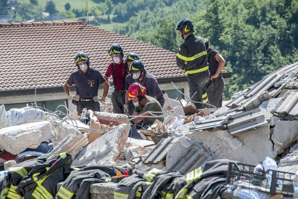 ROME, ITALY - 2016/07/26: The earth continues to tremble in Amatrice (Rieti) after the earthquake of magnitude 6 to August 24, 2016 struck central Italy. There have been new collapses, while the death toll rose: 281 victims so far established, including 221 Amatrice and its villages, 11 to Accumuli, 49 in Arquata del Tronto. 388 injured and 2,500 people homeless.Firefighters at work in the rubble of Amatrice. (Photo by Patrizia Cortellessa/Pacific Press/LightRocket via Getty Images)